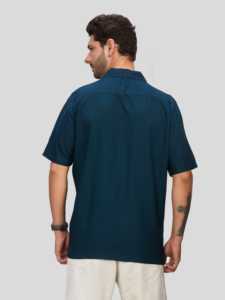 Men's Winter Solid Navy Blue Short Sleeve Casual Regular Fit Woven Fabric Breathable Anti-Pilling & Anti-UV Embroidered <b>Shirt</b> - Product Image 4
