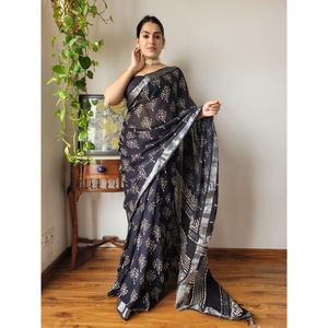 ATTRACTIVE LINEN DIGITAL PRINT WITH SILVER BORDER WORK SAREE WITH UNSTITCHED BOLUSE BLACK - Product Image 1