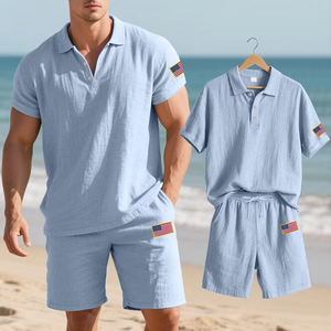 Conjunto de Camiseta Polo y Pantalones Cortos de Algodón Blanco para Hombre, Bordado con la Bandera de EE. UU., Ropa Casual de Verano - Product Image 6