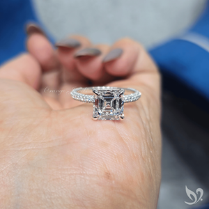 3CT Asscher Cut Lab Grown Diamond Ring Three Row Pave Band Large <b>Step</b> Cut Center Vintage Geometric Design 10K White Gold - Product Image 4