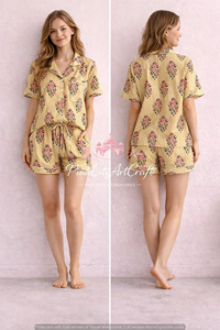 Ensemble de pyjama en coton écologique imprimé à la main pour femme, chemise respirante à manches trois quarts et short à braguette boutonnée, idéal pour l'été - Product Image 4