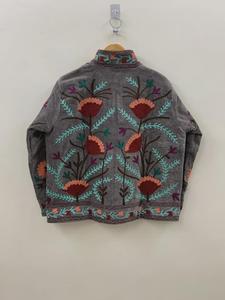 Luxury Gray Velvet <b>Embroidered</b> Suzani <b>Jacket</b> With Floral Pattern Full Sleeve Stand Collar Bohemian <b>Women</b> Autumn Outerwear - Product Image 3