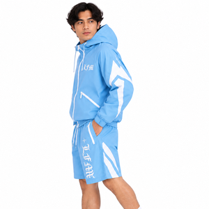 Ensemble short et veste coupe-vent à capuche bleu ciel pour homme, en nylon léger avec empiècements personnalisés, idéal pour l'été et le sport - Product Image 2