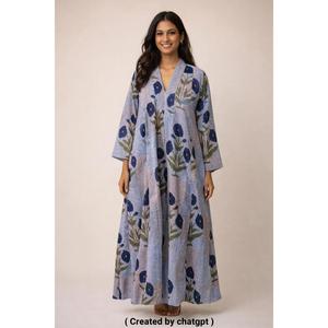 Women Hand Block Print Cotton Maxi <b>Dress</b> Blue Floral <b>Loose</b> Fit V Neck A Line Long <b>Dress</b> - Product Image 1