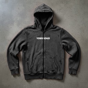 Hot Selling Trendy Custom Made Men's 3D Embroidery Fleece <b>Pocket</b> <b>Hoodie</b> Acid Wash <b>Zip</b> Distressed 380 Gsm Heavyweight Cotton - Product Image 1