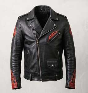 FURAT <b>LEATHERS</b> <b>Men's</b> Breathable Motorcycle <b>Jacket</b> Flame Accents Distressed <b>Leather</b> Handmade Biker Coat Fire Sleeve Stand Autumn - Product Image 1