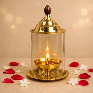 Brass Akhand Diya with Borosilicate Glass Cover Medium Size Eternal <b>Oil</b> <b>Lamp</b> for Puja Temple Home Decor Diwali - Product Image 1