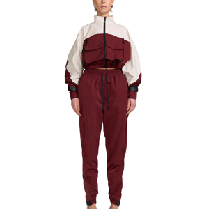 Conjunto Deportivo para Mujer con Bloques de Color, Manga Larga, Cuello Alto, Transpirable, Estilo Urbano, Otoño, Rojo y Blanco, Pantalones Jogger de Poliéster - Product Image 4
