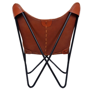 Chaise papillon antique en bois massif pour salon, cuir blanc, poches marron, MARWAR EXPORTS, meubles élégants - Product Image 3