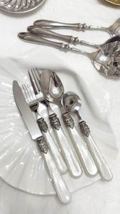 Ensemble de couverts au design moderne, finition argentée, cuillères, fourchettes, couteaux en métal, 5 pièces, ensemble de couverts décoratifs européens, manche en MOP - Product Image 4