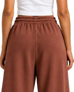 Custom Brown Women Wide Leg Sweatpants High Waist Loose Fit Casual Streetwear Lounge Fleece <b>Trousers</b> With Drawstring Pockets - Product Image 6