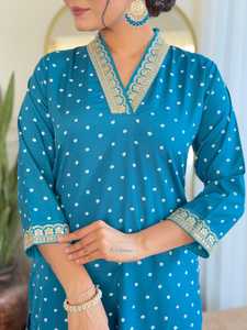 Kurti recto de viscosa Chanderi color firozi para mujer, el más vendido, con pantalón y dupatta con estampado digital. - Product Image 6