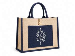 Sac fourre-tout en jute laminé bicolore avec deux poignées, poche avant, fermeture à bouton, écologique, réutilisable, pour les courses, les courses alimentaires, la plage - Product Image 4