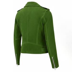 แจ็คเก็ตผู้หญิงสีเขียวแบบวินเทจสั่งทำพร้อมโลโก้ขายส่ง แจ็คเก็ตหนังกลับแท้สำหรับฤดูหนาว แจ็คเก็ตบอมเบอร์หนังแท้สไตล์ไฮสตรีทสุดฮิต - Product Image 3
