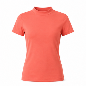 Camiseta de Manga Corta con Cuello Redondo para Mujer, Color Coral Brillante, Corte Ajustado, Ligera, de Algodón y Elastano - Product Image 1