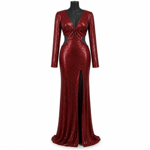 Robe de soirée moulante en sequins bordeaux |   Robe de soirée longue à col rond et manches courtes, avec découpes latérales et fente haute sur le devant, glamour, 100% - Product Image 1