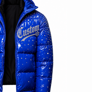 Custom Glossy Blue Puffer <b>Jacket</b> Rhinestone Street Style <b>Winter</b> Bubble Coat Oversized Warm Zip Up Fashion Outerwear - Product Image 3