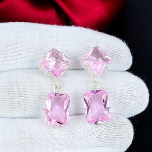 Boucles d'oreilles pendantes en argent sterling 925 avec pierre de kunzite rose pour femme, cadeau de bijoux pierre de naissance - Product Image 3