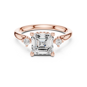 แหวนหมั้นทองคำโรสโกลด์ 14K พร้อมใบรับรอง GRA เพชรทรง Asscher สวยงามที่ได้ผลิตในห้องปฏิบัติการ และเพชรทรงกลมสองเม็ดด้านข้าง - Product Image 3