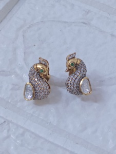 <b>studs</b> <b>earrings</b> in peacock design with polki stone in <b>silver</b> 925 material for Indian wedding handmade jewelry <b>set</b> for women - Product Image 2