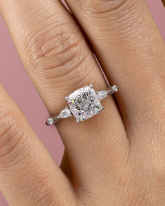 Elegant Cushion Cut <b>Solitaire</b> Diamond Engagement <b>Ring</b> with Pear Side Stones in <b>Silver</b> Finish for Women Wedding Jewelry - Product Image 5