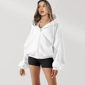 Sudadera con Capucha y Cremallera para Mujer, Hombros Caídos, Mezcla de Poliéster/Algodón, Secado Rápido, Color Sólido, Manga Larga, Transpirable, Invierno/Otoño - Product Image 5