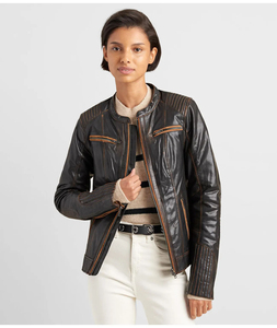 Chaqueta Bomber de Cuero Genuino para Mujer, Cuello Alto, Manga Larga, Cierre de Cremallera, Color Sólido, Impermeable, Ligera, Informal, Otoño - Product Image 6