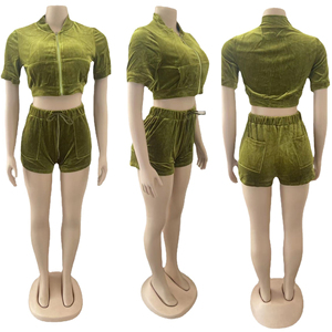 Women Velvet 2 Piece Set Short Sleeve <b>Crop</b> <b>Top</b> Above Knee Shorts Solid Green Casual Spring Summer Wear - Product Image 1