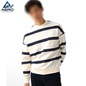 Sweat-shirt rayé pour homme en gros, col rond, épaules tombantes, rayures horizontales blanc cassé et bleu marine, personnalisable, pour tenue décontractée - Product Image 1