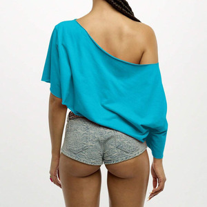Wholesale Custom Women's Asymmetric <b>One</b> Shoulder Cropped <b>Top</b> Solid Color Loose Fit Three Quarter Sleeve Breathable Woven T-Shirt - Product Image 2