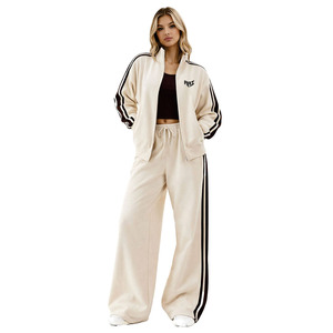 Y2K Women Customizable Two Piece Track Suit Zip Up <b>Jacket</b> and Wide Leg Pants Soft Fleece Wear with Side Stripe Hoodies USA - Product Image 1