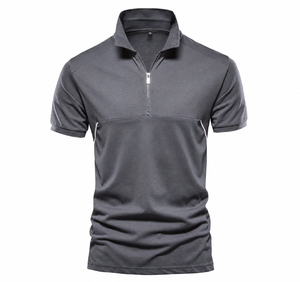 Men's Slim-Fit <b>Zip</b>-<b>Up</b> Solid Woven Plain Dyed for Shirt Half-Placket Muscle-Fit Short Sleeve Breathable <b>Polo</b> T-Shirt - Product Image 6
