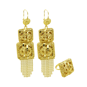 Wholesale 14K18K24K <b>Gold</b> Plated Arab Middle East <b>Dangle</b> <b>Earrings</b> Set African, Turkish Design <b>Earrings</b> & Matching Finger Ring Set - Product Image 1