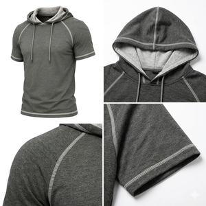Sweat à capuche à manches courtes pour homme, en coton léger mélangé, basique, décontracté, sportif, pour la gym, vente en gros - Product Image 4