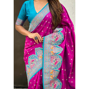 Saree de Seda Darbari Magenta con Tejido Zari, Bufandas y Chales Tradicionales, 700g, Tejidos de Primera Calidad - Product Image 5