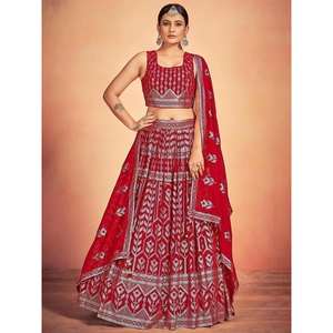 Beautiful <b>Red</b> <b>Sequins</b> Georgette Wedding Wear Lehenga Choli With Dupatta - Product Image 6
