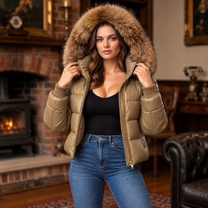 Women Leather Puffer Jacket with <b>Fox</b> <b>Fur</b> Hood | Women's Luxury Winter Coat , Lederjacken Damen, Gift <b>For</b> Her - Product Image 4