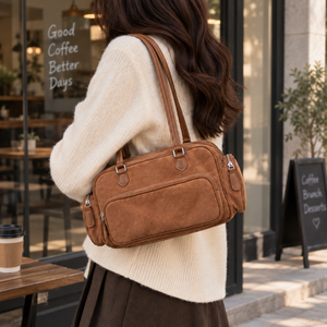 Brown Suede Luxury Shoulder Tote Bag Women <b>Handbag</b> Zipper Casual Commuter Satchel - Product Image 1