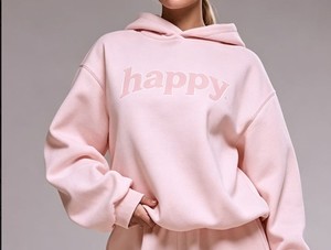 Sudadera con Capucha Oversize Rosa para Mujer, de Algodón y Felpa, Manga Larga, con Estampado de Letras y Diseño Alegre en la Parte Delantera, Casual de Otoño, Cortavientos - Product Image 1