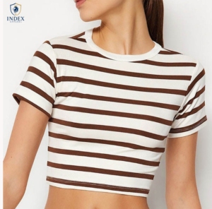 INDEX APPAREL Women's Striped Crop <b>Top</b> Crew Neck Short Sleeve Knitted Casual Summer Wear - Product Image 1