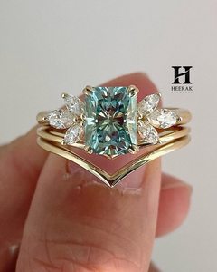 Radiant Cut Cyan Bridal <b>Set</b> 14K <b>Gold</b> Marquise Cluster Engagement <b>Ring</b> with V-Shape Chevron Curved Wedding Band Stackable <b>Set</b> - Product Image 1