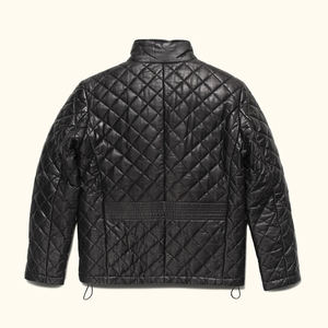 Chaqueta de Cuero Acolchada Negra para Hombre, Chaqueta de Invierno con Cuello Alto y Botones a Presión, Chaqueta de Cuero con Costuras de Diamante, Venta al Por Mayor OEM - Product Image 3