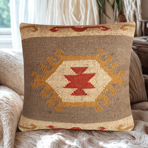 KRAFTERS Geometric Pattern Square <b>Pillow</b> Woven Wool Jute | 100% Cotton Filled Handcrafted Cushion Home Outdoor Hotel Chair Use - Product Image 4