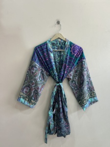 Bata de dormir de lujo de seda con estampado Paisley para mujer, manga larga, cierre halter, largo completo, para verano - Product Image 1