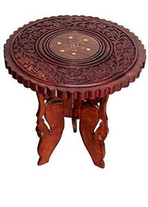 Wood <b>Folding</b> Side <b>Table</b> | Handcrafted Wooden Round <b>Table</b> with Traditional Carving & Inlay Work | Living Room - Product Image 2