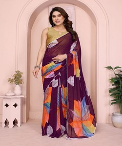 Elegante Saree de Poliéster con Estampado Digital y Blusa sin Coser para Mujer, Estilo Indio-Pakistaní, Largo hasta el Suelo, para Fiestas - Product Image 1