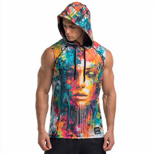 Custom Sublimation Sleeveless Hood Singlet Men Workout Muscle Fit Printed Singlet Hood Vest Sports Training Sleeveless Hoodie - Product Image 1
