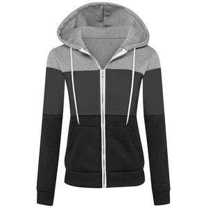 Sweat-shirt pour femme à capuche zippé, color-block, doublé polaire, respirant, à manches longues, en coton tissé, décontracté, pour l'hiver - Product Image 1