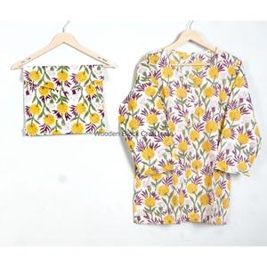 Ensemble de pyjamas en coton 100% à imprimé floral fait main, manches longues, col rond, vêtements de nuit décontractés pour l'été et le printemps - Product Image 2