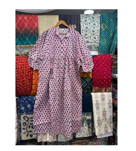 Pink Floral Block Print Cotton Midi Dress, Handmade Indian Boho Cottagecore <b>Summer</b> Outfit - Product Image 6